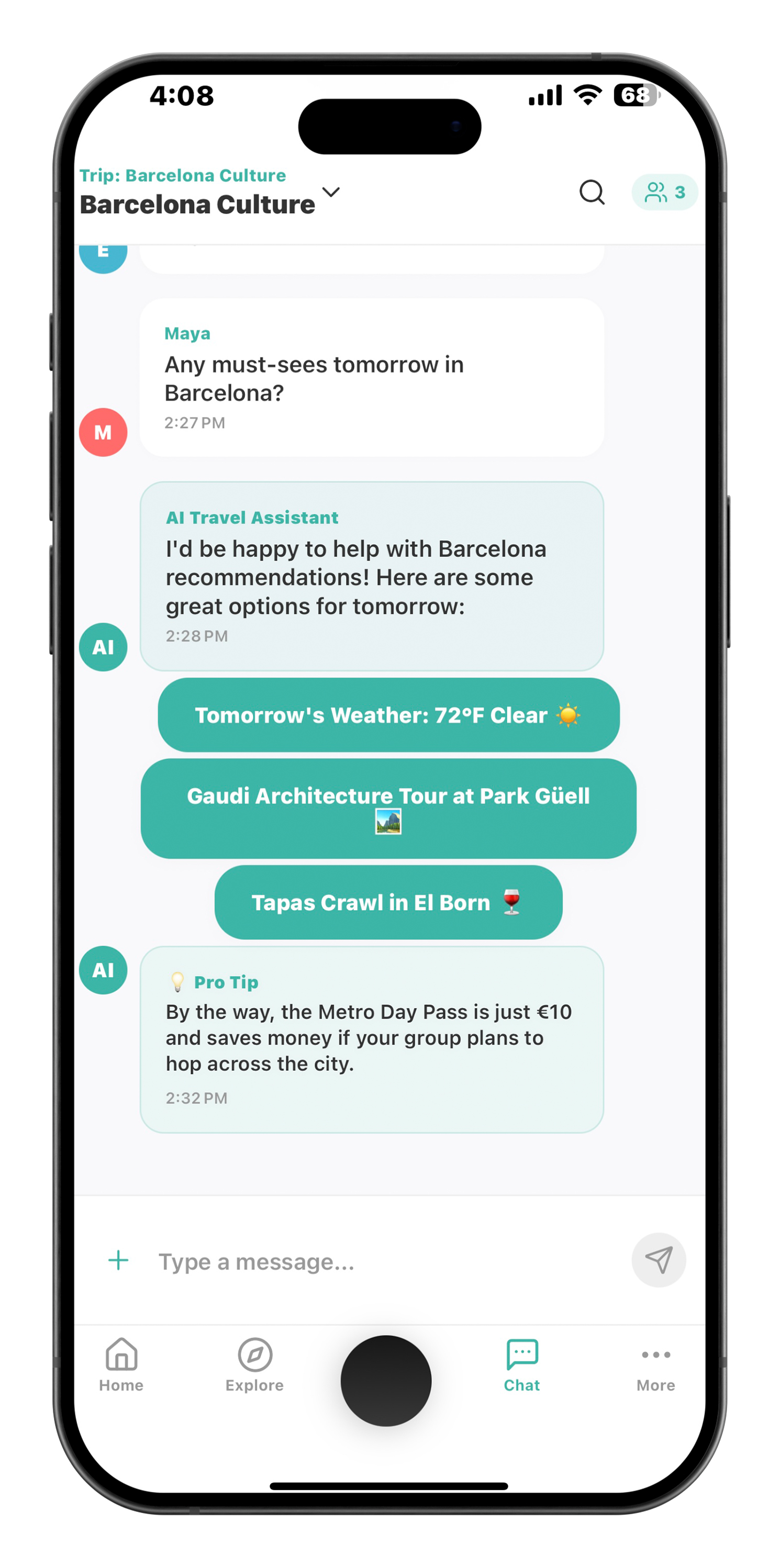 Barcelona Culture trip: AI assistant providing personalized recommendations including weather forecast, Gaudí Architecture Tour, and tapas crawl with pro tips about Metro Day Pass savings